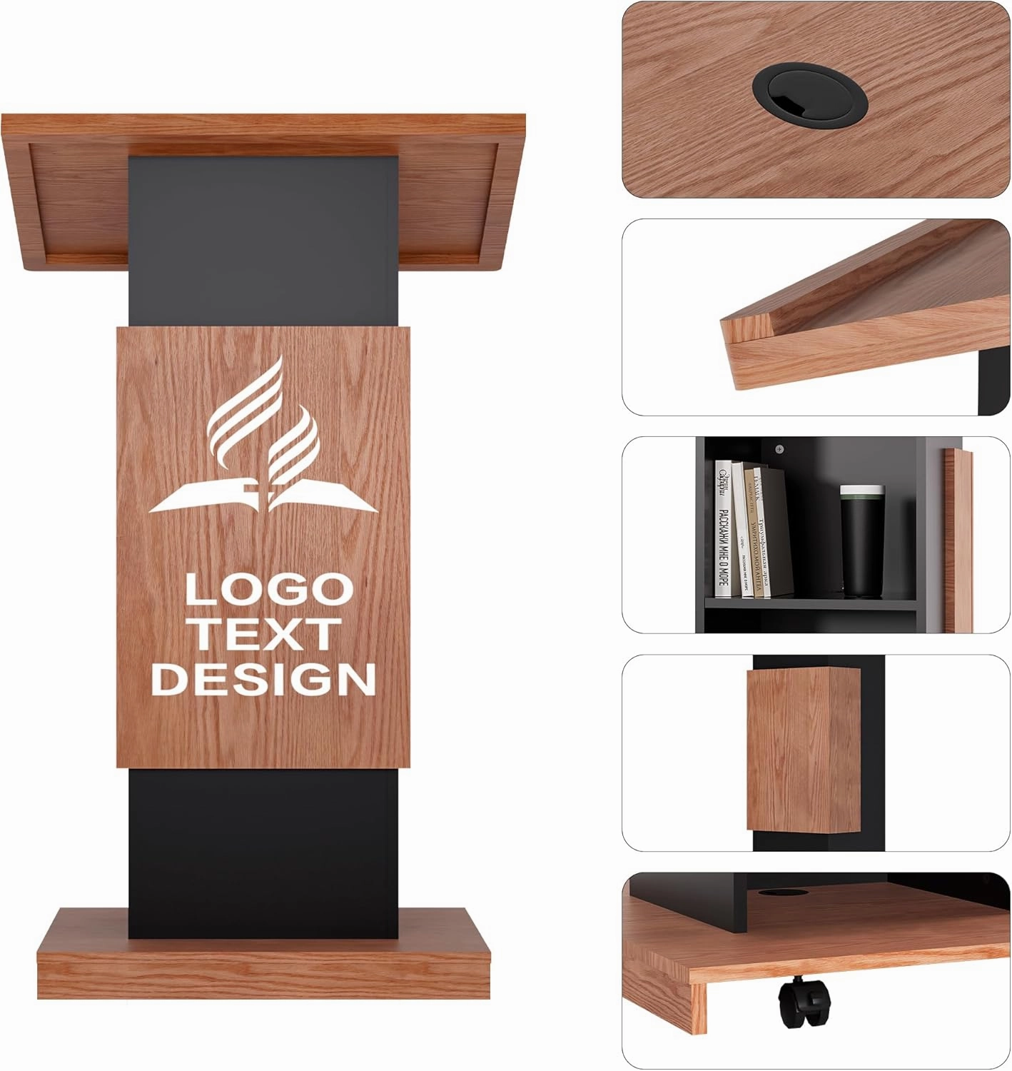 Customizable Logo & Text Podium Stand,Wood Lectern with Lockable Wheels,15MM Particle Board,Church Pulpit with Storage, Mic Stand Space,Wooden Podium for Seminars and Schools(Customized A)