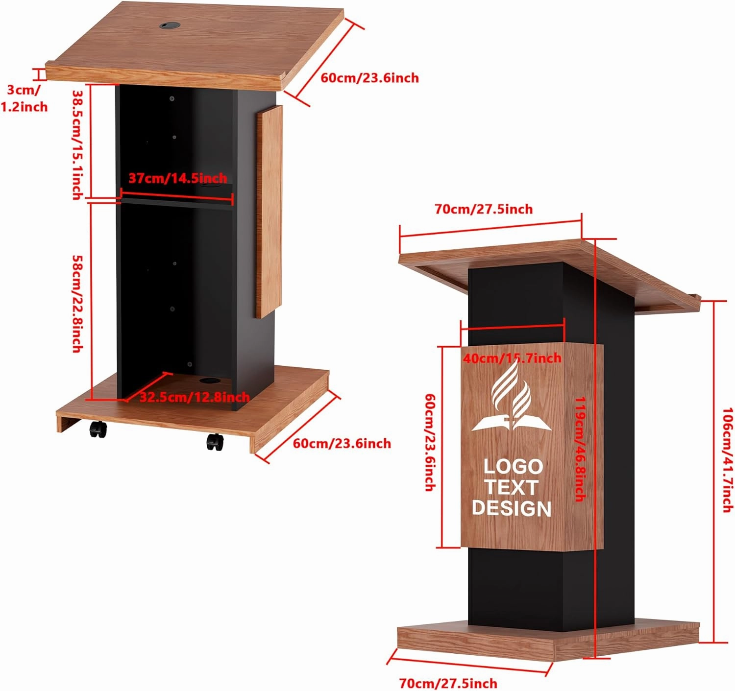 Customizable Logo & Text Podium Stand,Wood Lectern with Lockable Wheels,15MM Particle Board,Church Pulpit with Storage, Mic Stand Space,Wooden Podium for Seminars and Schools(Customized A)
