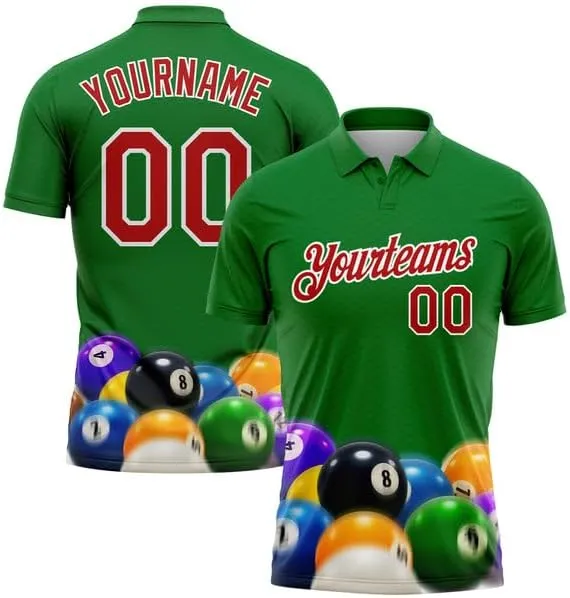 Customize Name,Custom Jersey, Polo Sport, Green Red-White 3D Pattern Design Flame Billiards 8 Ball Polo