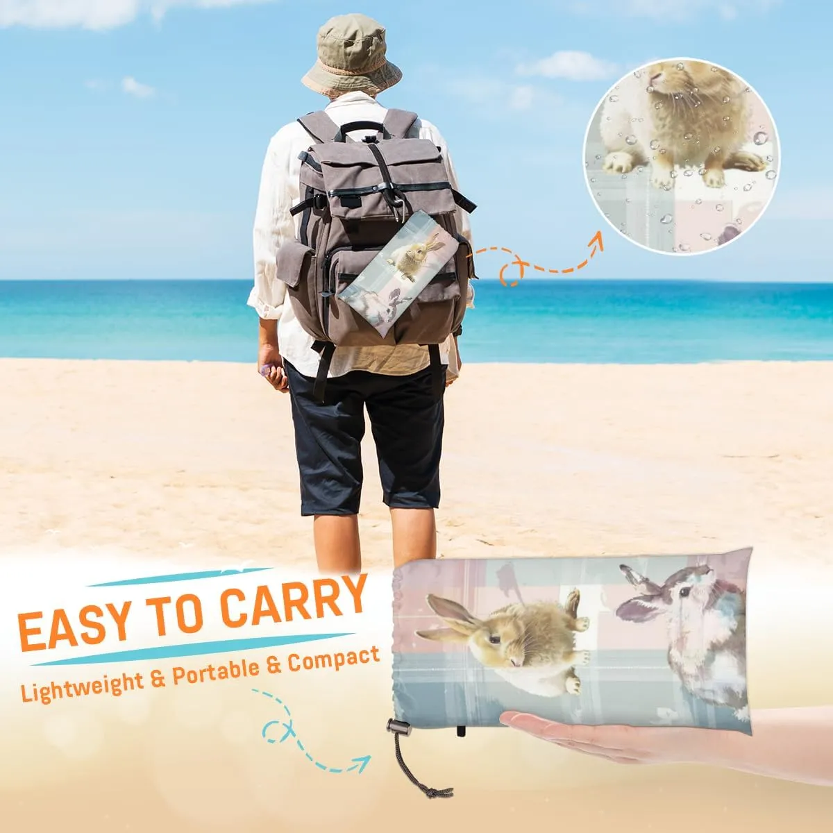 Cute Bunny Beach Blanket, Sandproof Beach Mat, Adults Waterproof Quick Drying Sand Free Mat with 4 x Ground Spikes for Outdoor Travel Camping Hiking, Rabbit