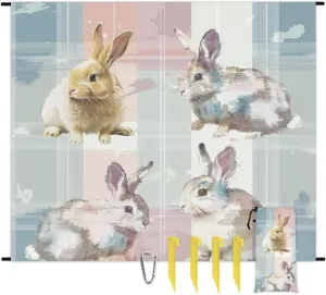 Cute Bunny Beach Blanket, Sandproof Beach Mat, Adults Waterproof Quick Drying Sand Free Mat with 4 x Ground Spikes for Outdoor Travel Camping Hiking, Rabbit