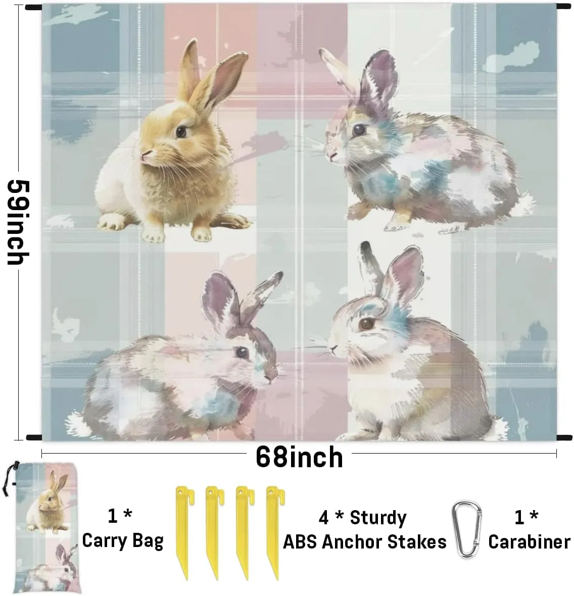 Cute Bunny Beach Blanket, Sandproof Beach Mat, Adults Waterproof Quick Drying Sand Free Mat with 4 x Ground Spikes for Outdoor Travel Camping Hiking, Rabbit