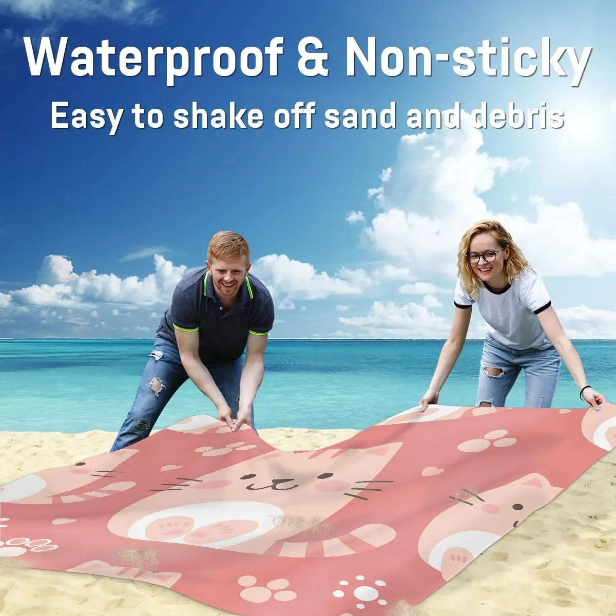 Cute Cat Beach Blanket, Sandproof Beach Mat, 68 x 59 Waterproof Quick Drying Sand Free Mat with 4 x Ground Spikes for Outdoor Travel Camping Hiking, Cat Paw Print