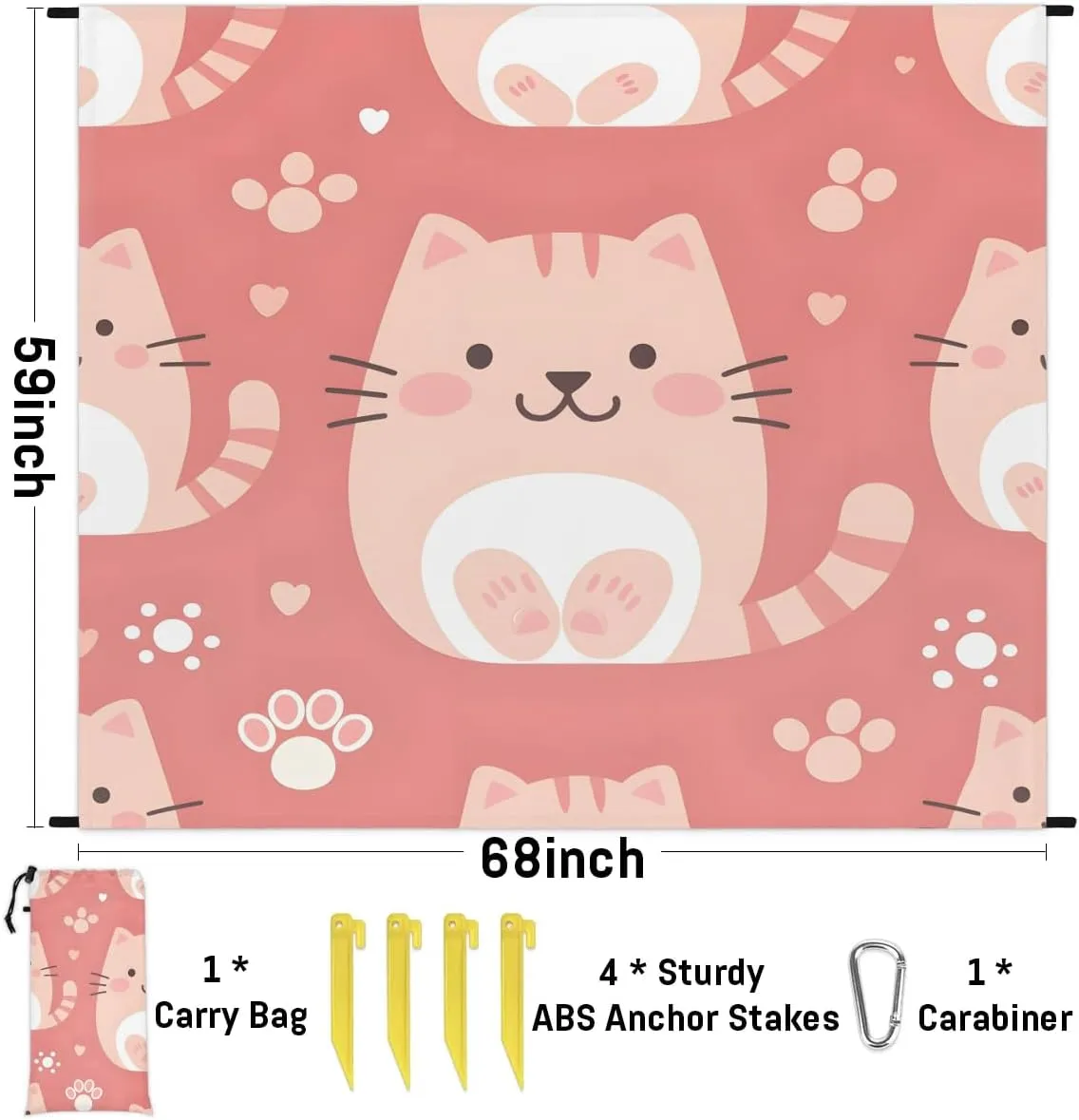 Cute Cat Beach Blanket, Sandproof Beach Mat, 68 x 59 Waterproof Quick Drying Sand Free Mat with 4 x Ground Spikes for Outdoor Travel Camping Hiking, Cat Paw Print