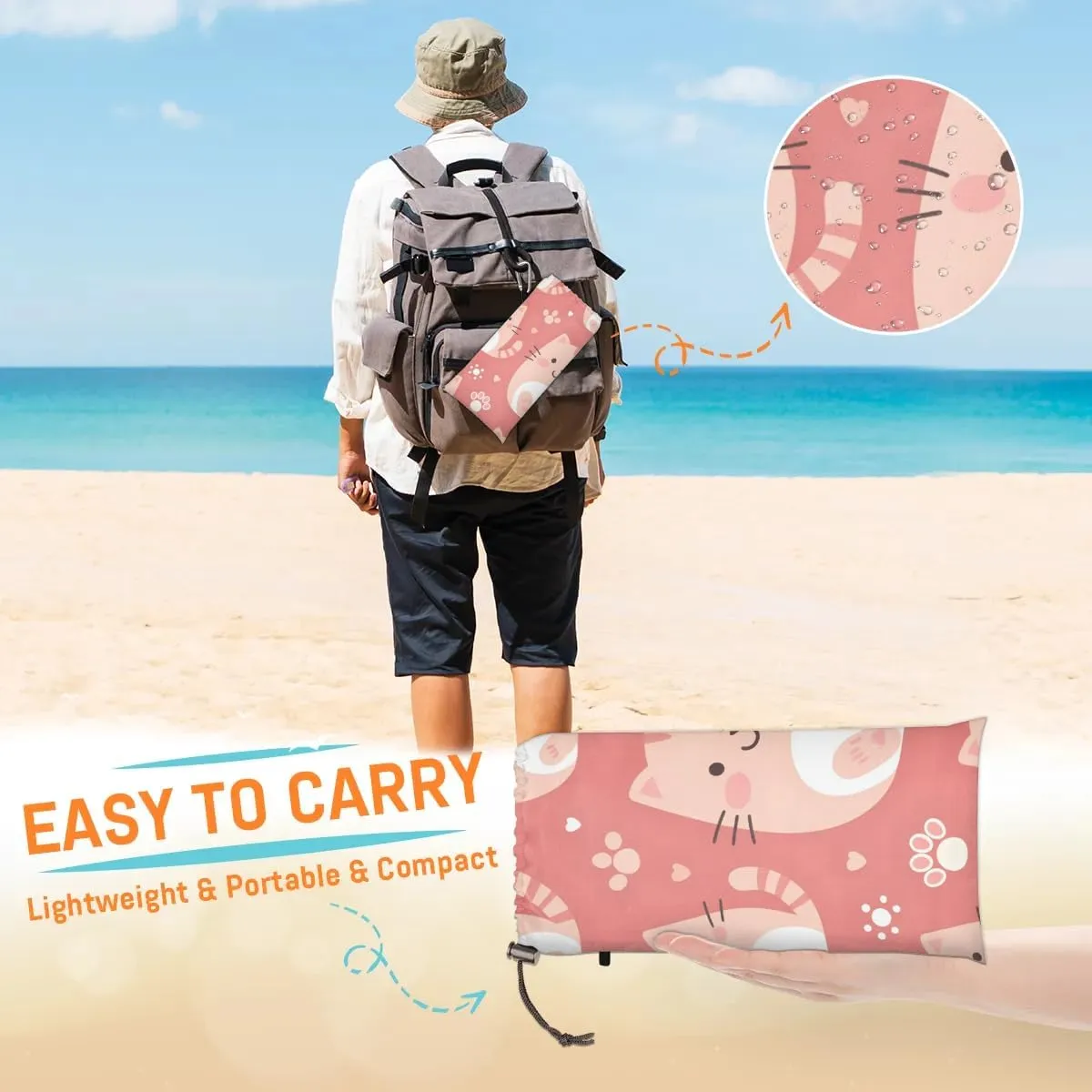 Cute Cat Beach Blanket, Sandproof Beach Mat, 68 x 59 Waterproof Quick Drying Sand Free Mat with 4 x Ground Spikes for Outdoor Travel Camping Hiking, Cat Paw Print