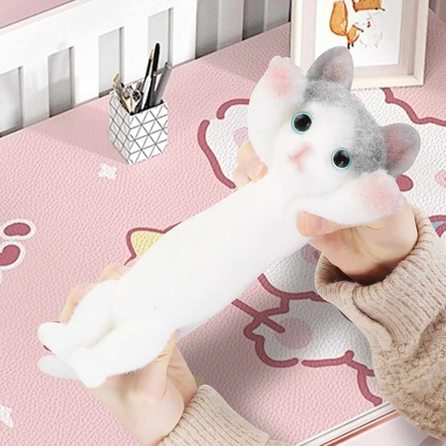 Cute Cat DIY Squishy Toy,Cat Squishies Stress Ball,Cats Squeeze Toys,Simulation Cats Doll Toys Cute Kitty Toys,8 Inch Squeeze Toy(White Gray)