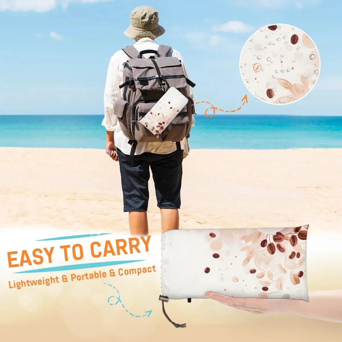 Cute Coffee Beach Blanket, Sandproof Beach Mat, 68 x 59 Waterproof Quick Drying Sand Free Mat with 4 x Ground Spikes for Outdoor Travel Camping Hiking, Coffee