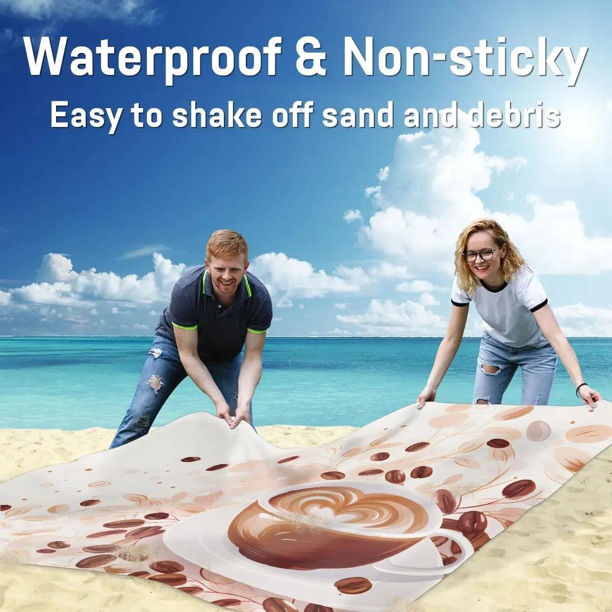 Cute Coffee Beach Blanket, Sandproof Beach Mat, 68 x 59 Waterproof Quick Drying Sand Free Mat with 4 x Ground Spikes for Outdoor Travel Camping Hiking, Coffee