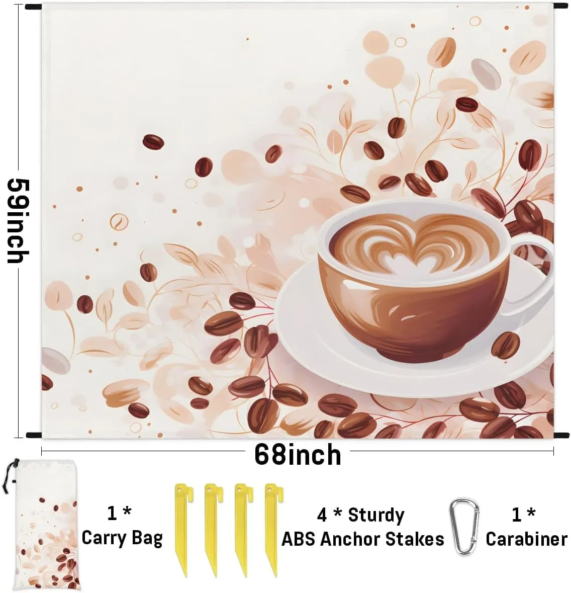 Cute Coffee Beach Blanket, Sandproof Beach Mat, 68 x 59 Waterproof Quick Drying Sand Free Mat with 4 x Ground Spikes for Outdoor Travel Camping Hiking, Coffee