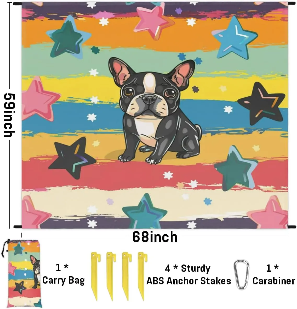 Cute Dog Beach Blanket, Sandproof Beach Mat, Adults Waterproof Quick Drying Sand Free Mat with 4 x Ground Spikes for Outdoor Travel Camping Hiking, Puppy Cartoon Doggy