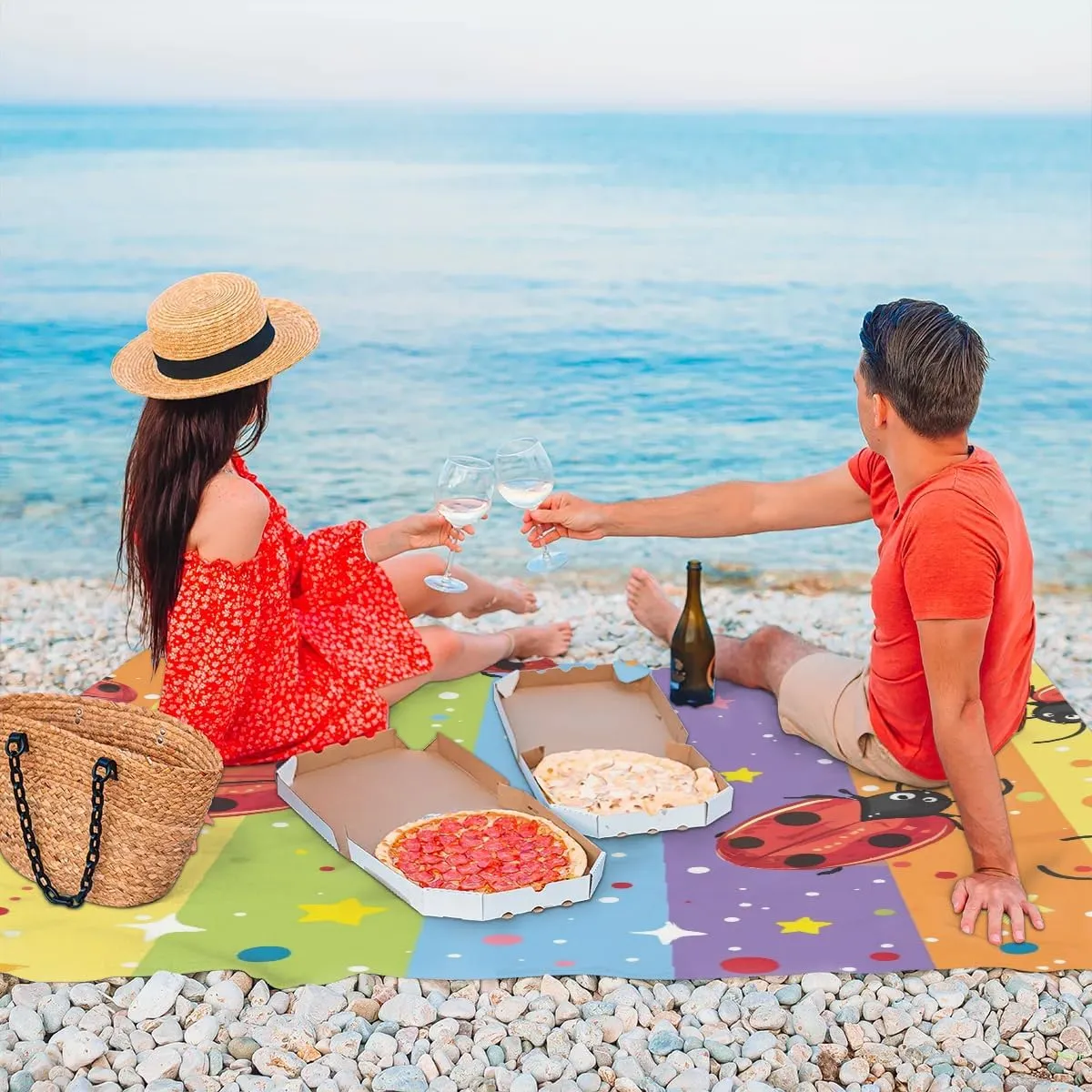 Cute Ladybirds Beach Blanket, Sandproof Beach Mat, Adults Waterproof Quick Drying Sand Free Mat with 4 x Ground Spikes for Outdoor Travel Camping Hiking, Rainbow Colorful Stripe