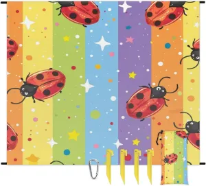 Cute Ladybirds Beach Blanket, Sandproof Beach Mat, Adults Waterproof Quick Drying Sand Free Mat with 4 x Ground Spikes for Outdoor Travel Camping Hiking, Rainbow Colorful Stripe