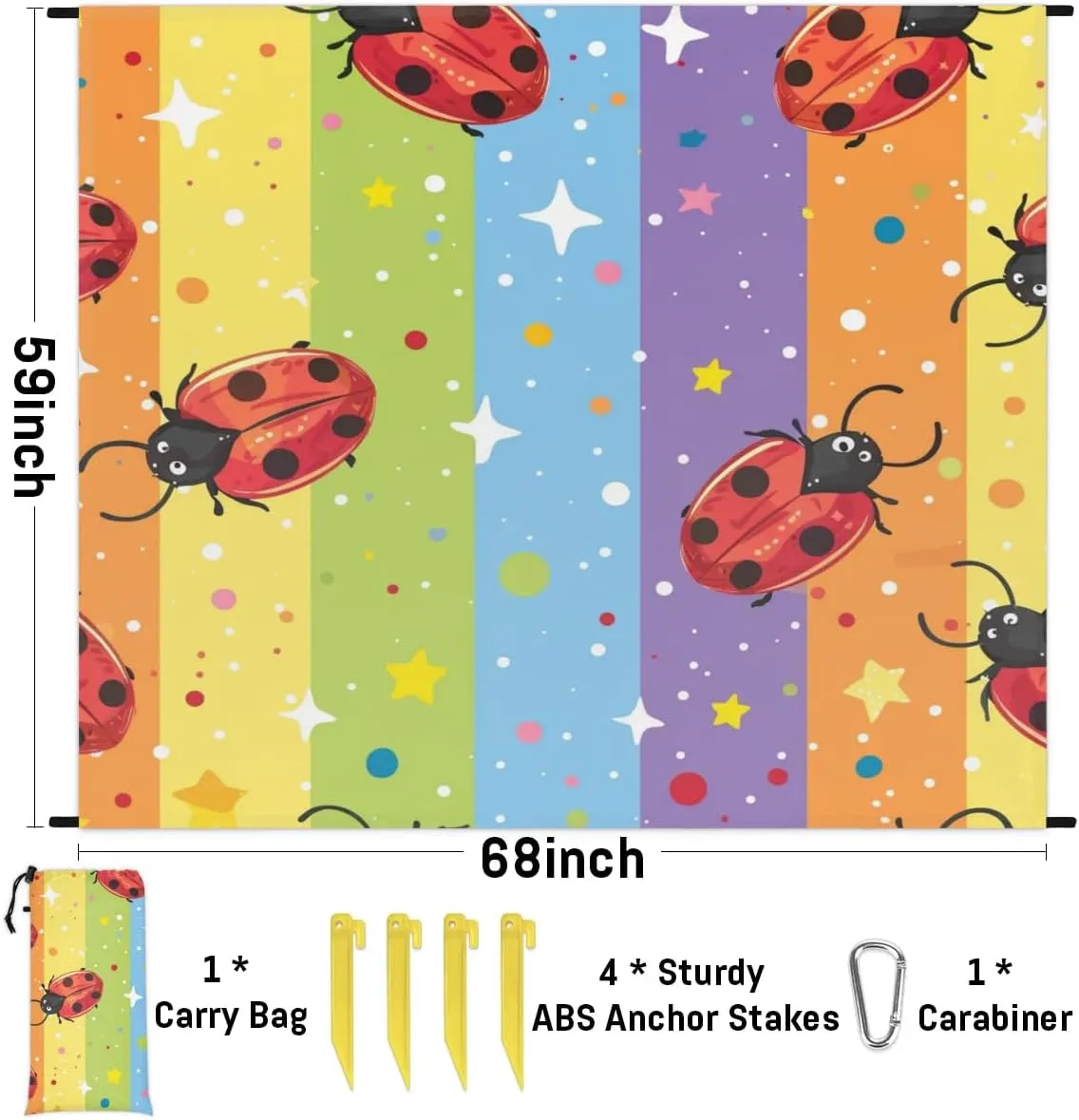 Cute Ladybirds Beach Blanket, Sandproof Beach Mat, Adults Waterproof Quick Drying Sand Free Mat with 4 x Ground Spikes for Outdoor Travel Camping Hiking, Rainbow Colorful Stripe