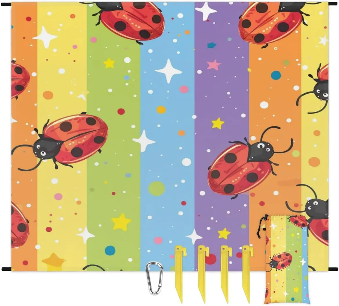 Cute Ladybirds Beach Blanket, Sandproof Beach Mat, Adults Waterproof Quick Drying Sand Free Mat with 4 x Ground Spikes for Outdoor Travel Camping Hiking, Rainbow Colorful Stripe