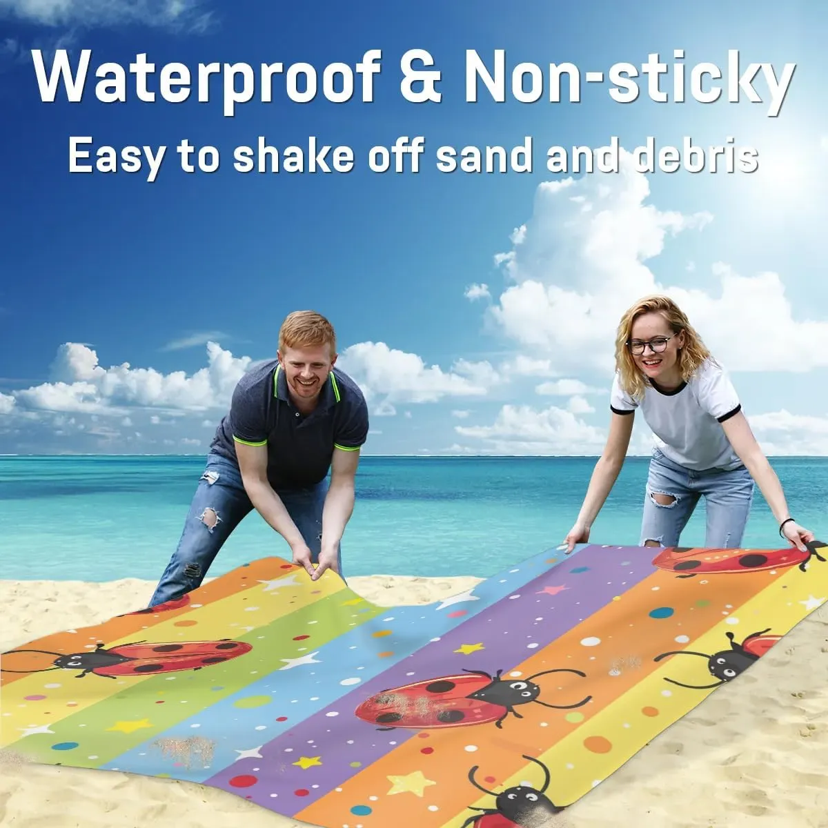 Cute Ladybirds Beach Blanket, Sandproof Beach Mat, Adults Waterproof Quick Drying Sand Free Mat with 4 x Ground Spikes for Outdoor Travel Camping Hiking, Rainbow Colorful Stripe