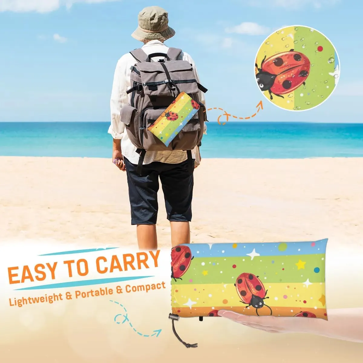 Cute Ladybirds Beach Blanket, Sandproof Beach Mat, Adults Waterproof Quick Drying Sand Free Mat with 4 x Ground Spikes for Outdoor Travel Camping Hiking, Rainbow Colorful Stripe