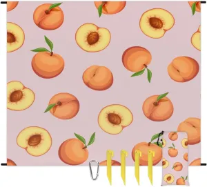 Cute Peach Beach Blanket, Sandproof Beach Mat, 68 x 59 Waterproof Quick Drying Sand Free Mat with 4 x Ground Spikes for Outdoor Travel Camping Hiking, Summer Fruit