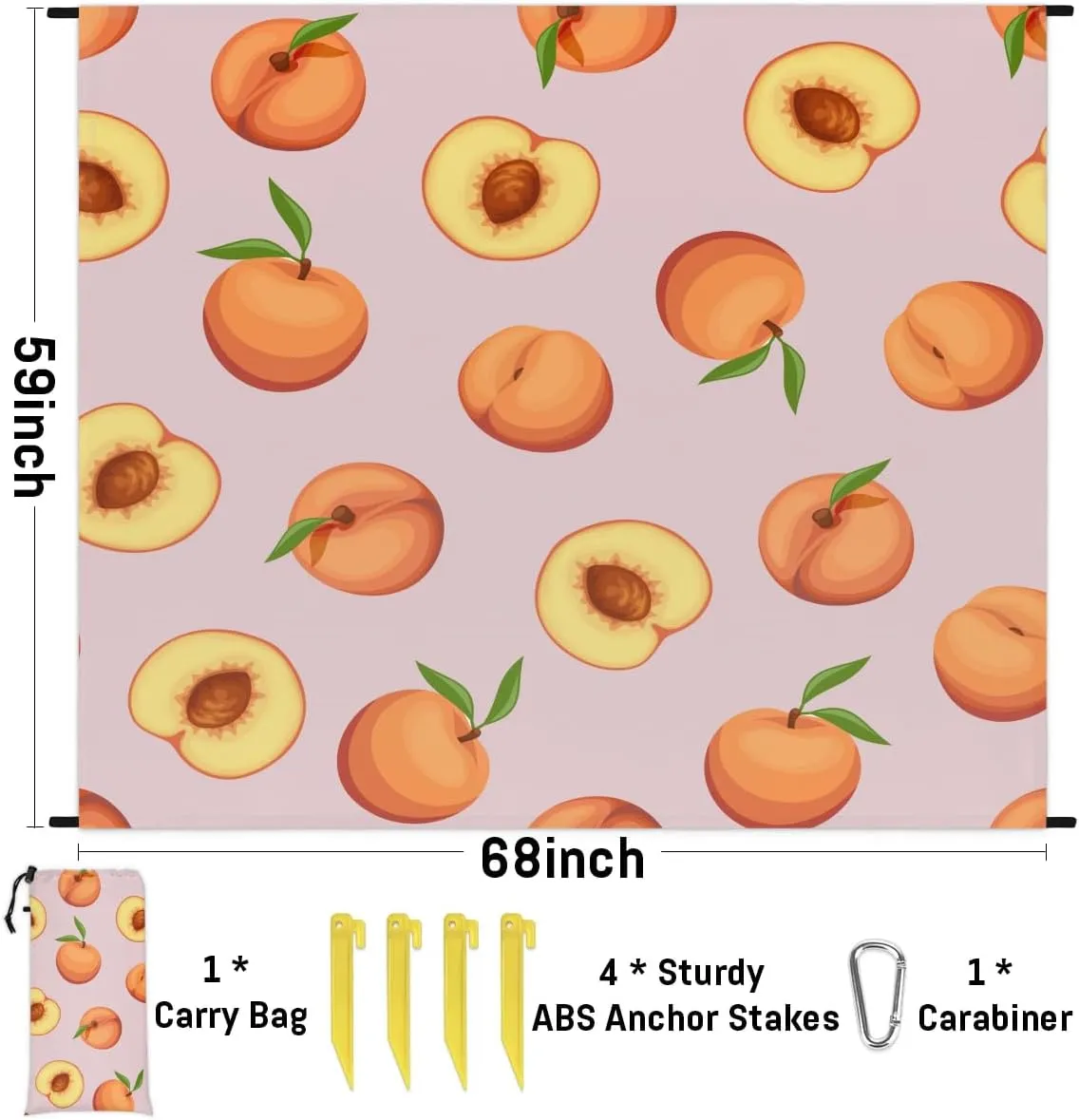 Cute Peach Beach Blanket, Sandproof Beach Mat, 68 x 59 Waterproof Quick Drying Sand Free Mat with 4 x Ground Spikes for Outdoor Travel Camping Hiking, Summer Fruit