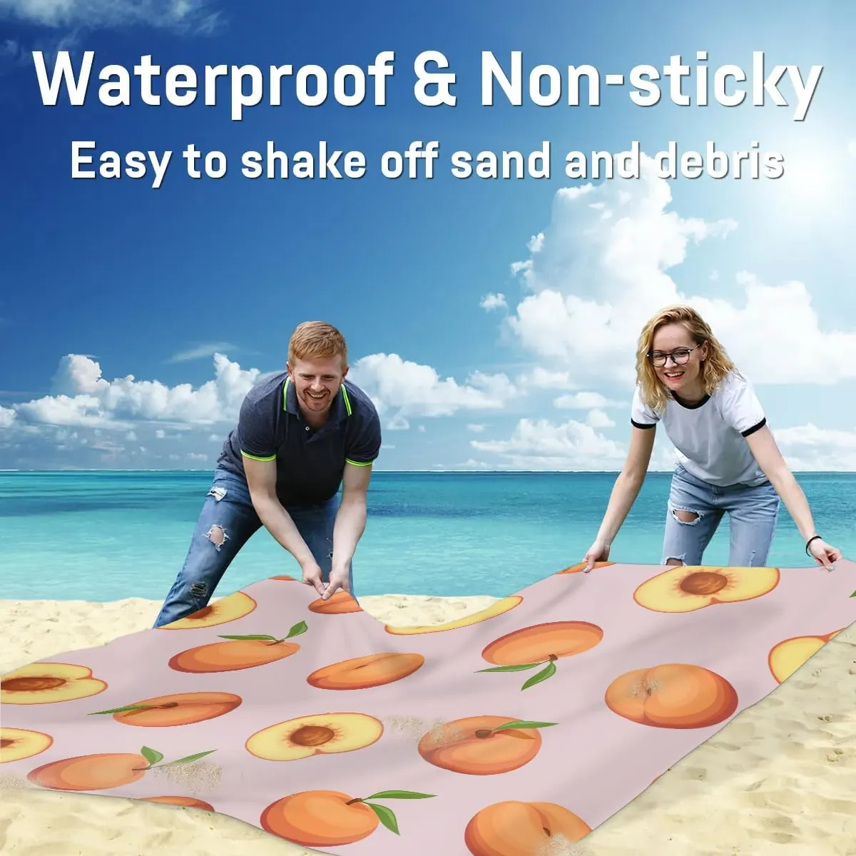 Cute Peach Beach Blanket, Sandproof Beach Mat, 68 x 59 Waterproof Quick Drying Sand Free Mat with 4 x Ground Spikes for Outdoor Travel Camping Hiking, Summer Fruit