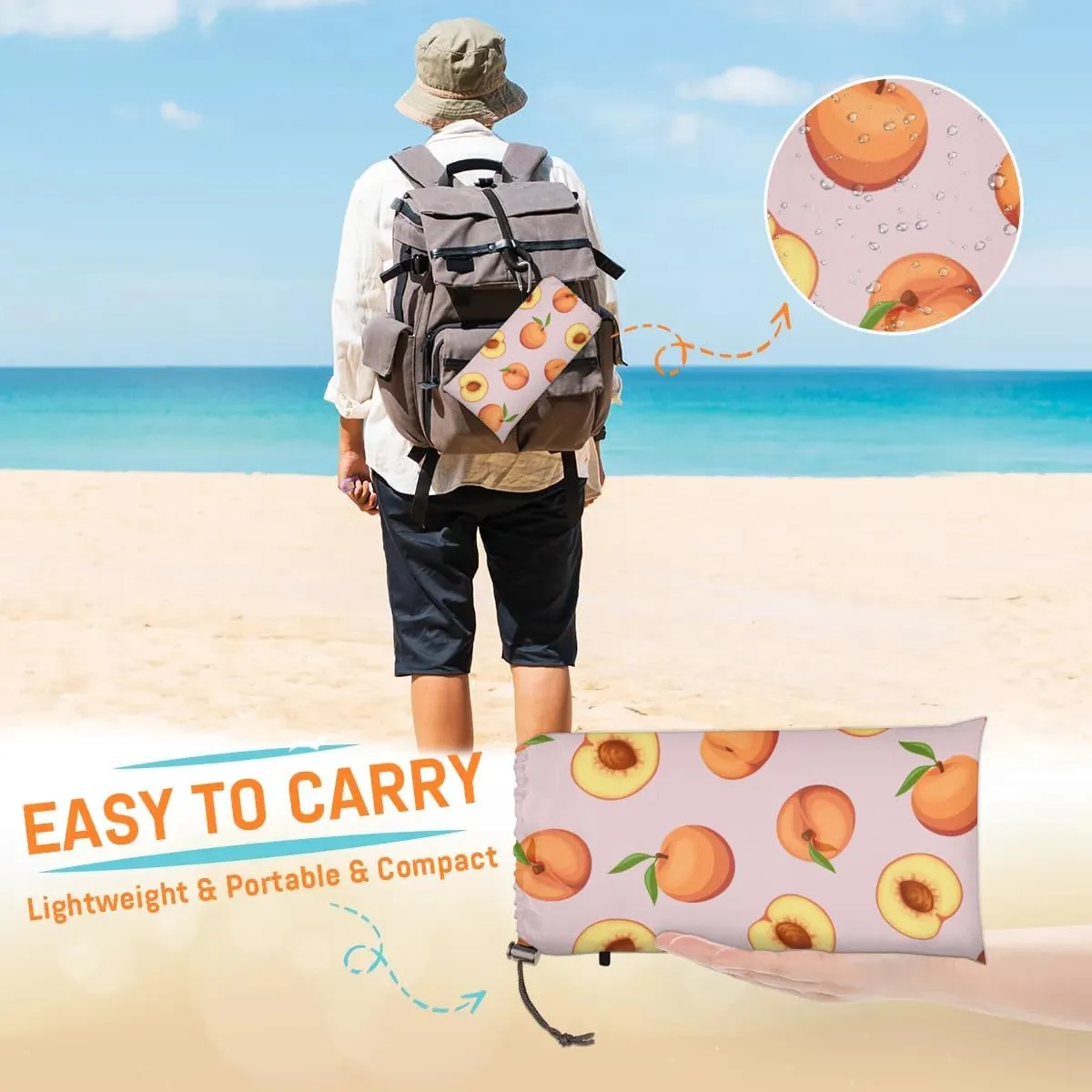 Cute Peach Beach Blanket, Sandproof Beach Mat, 68 x 59 Waterproof Quick Drying Sand Free Mat with 4 x Ground Spikes for Outdoor Travel Camping Hiking, Summer Fruit