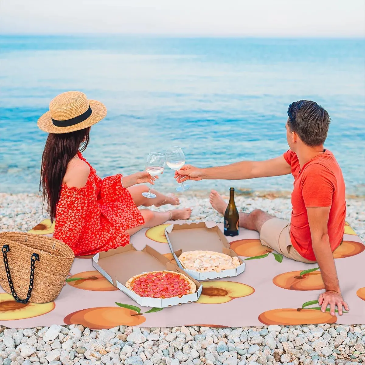 Cute Peach Beach Blanket, Sandproof Beach Mat, 68 x 59 Waterproof Quick Drying Sand Free Mat with 4 x Ground Spikes for Outdoor Travel Camping Hiking, Summer Fruit