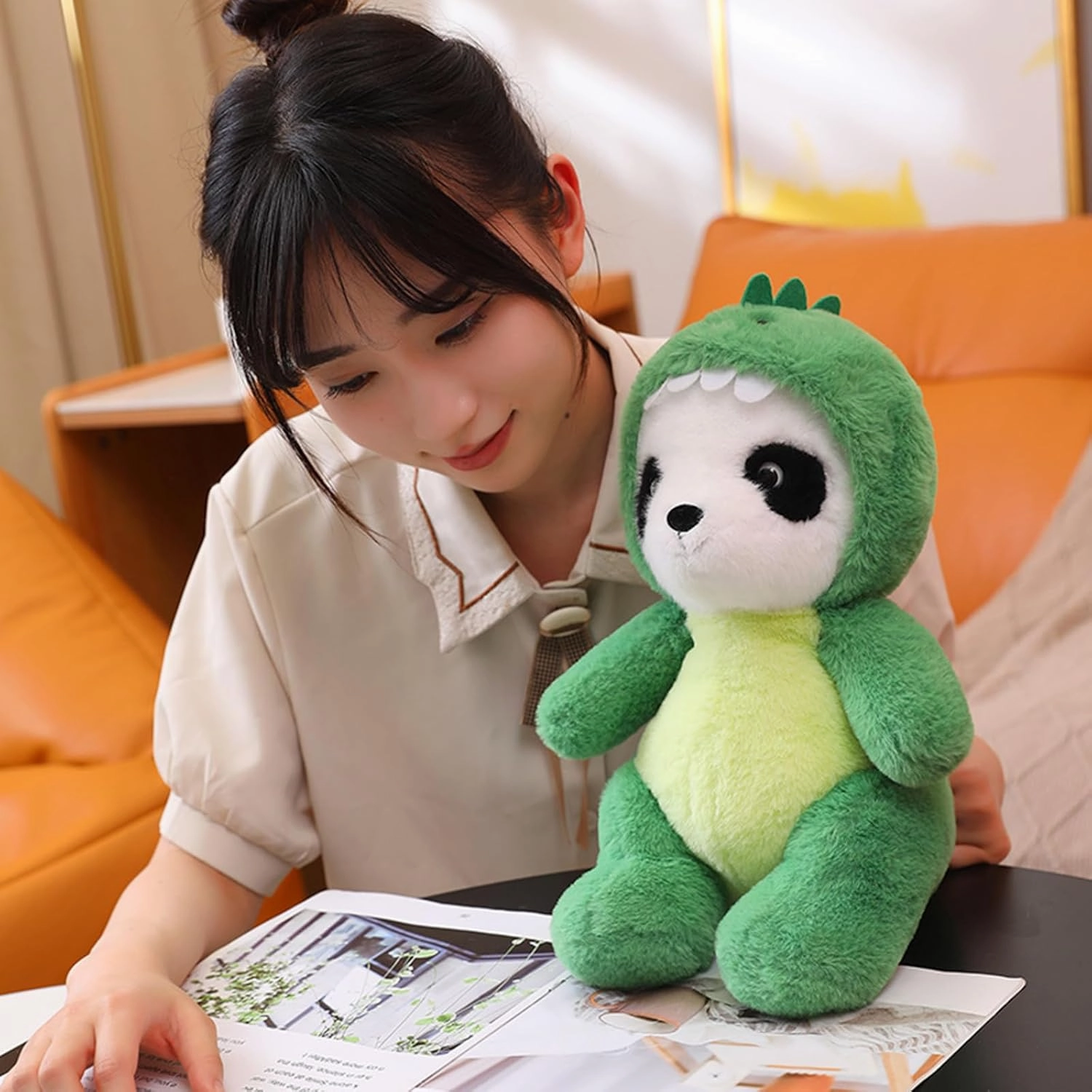 Cute Stuffed Panda Animal Cosplay as Pink Dinosaur Plush Toy in Costume - Soft Plushies for Kids 12 Inch
