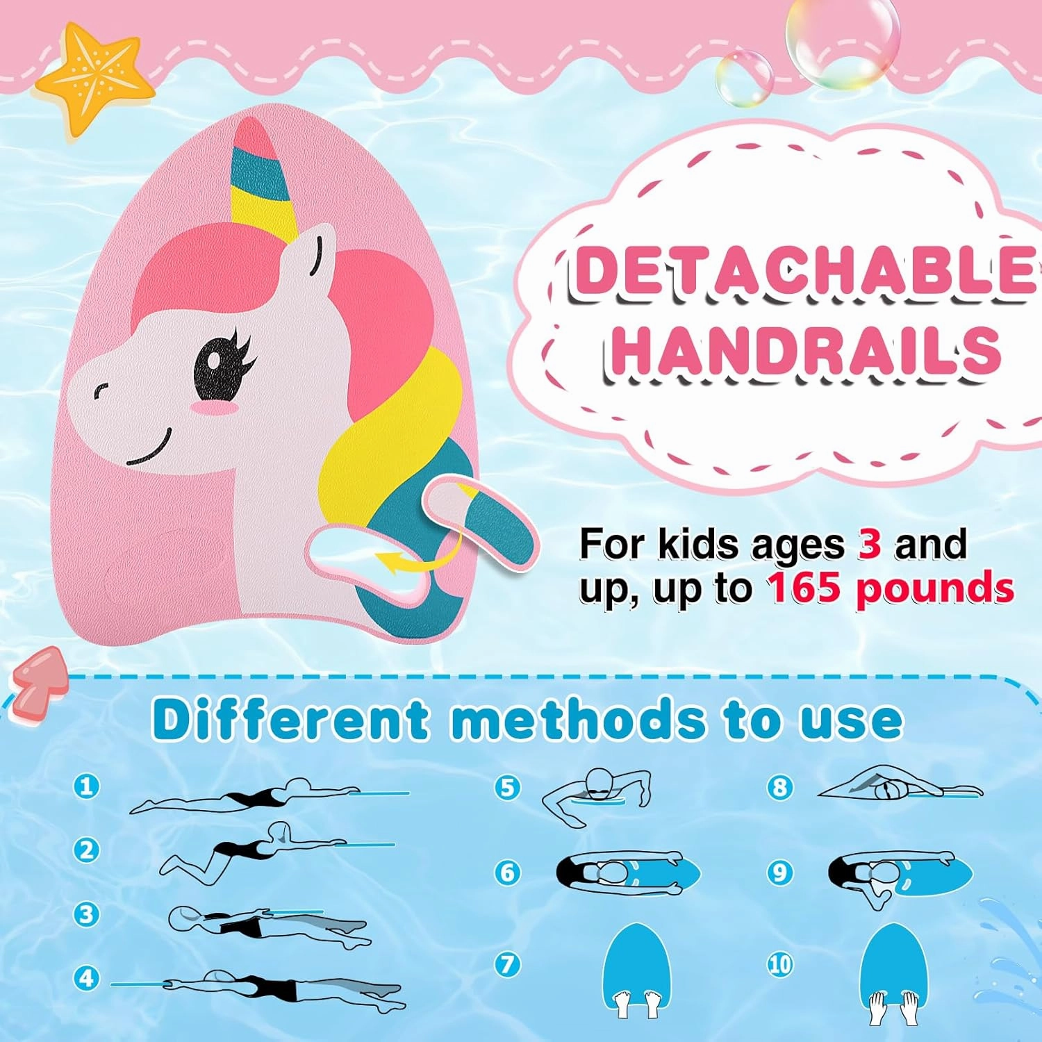 Cute Swimming Aid Kickboard - Swim Training Auxiliary Board, with Handrail Holes, for Beginners Children Practising Summer Pool Party