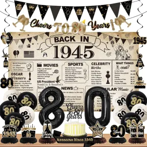 DARUNAXY 80th Birthday Party Decorations for Men Women, Vintage Back in 1945 Banner, Black 80 Number Balloons & Cake Topper, Vintage 1945 80 Birthday Honeycomb Hanging Swirl Confetti Balloons(28PC)