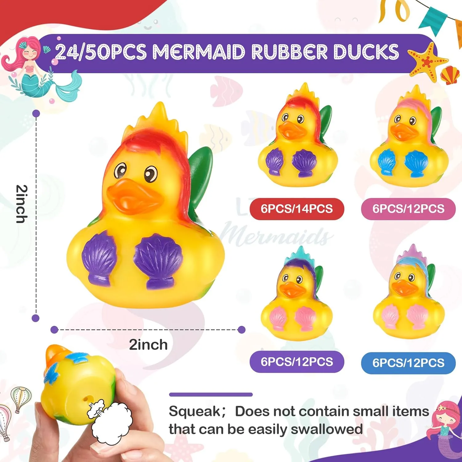 Deekin 50 Pcs Mermaid Rubber Ducks 2" Mermaid Ducks Little Toy Duck Cute Mermaid Bath Toys Bulk Duck Bath Toy Assortment Pool Bathtub Toys for Mermaid Birthday Party Favor Bag Filler Decoration