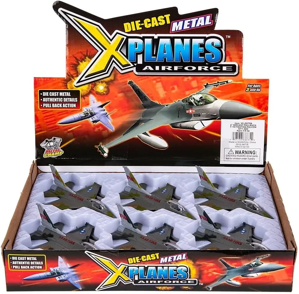 Diecast Pull Back F-16 Fighting Falcon Jets with Pullback Mechanism (6") Die Cast Metal, Pull Back Action. Air Force Military Collection, Cake Decorations, Aviation Party Favors or Fun Play! (4 Pack)