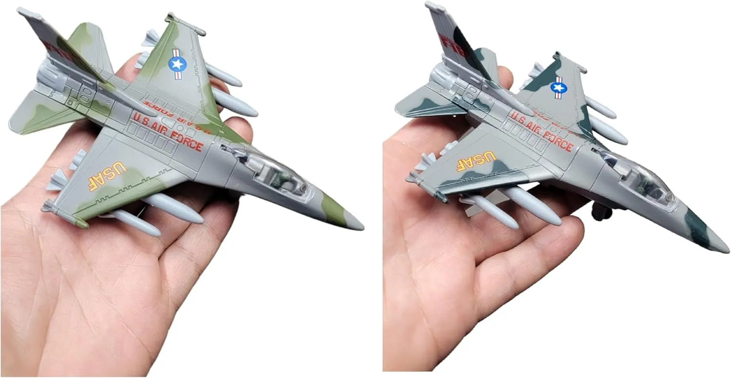 Diecast Pull Back F-16 Fighting Falcon Jets with Pullback Mechanism (6") Die Cast Metal, Pull Back Action. Air Force Military Collection, Cake Decorations, Aviation Party Favors or Fun Play! (4 Pack)