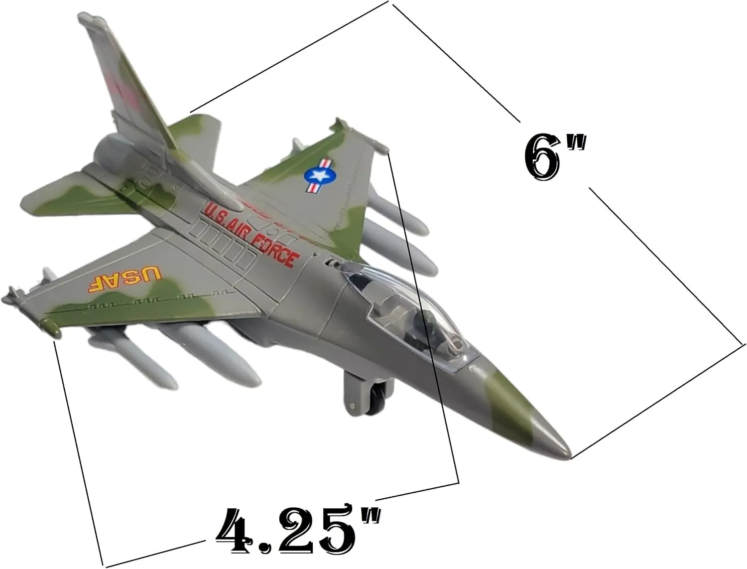 Diecast Pull Back F-16 Fighting Falcon Jets with Pullback Mechanism (6") Die Cast Metal, Pull Back Action. Air Force Military Collection, Cake Decorations, Aviation Party Favors or Fun Play! (4 Pack)