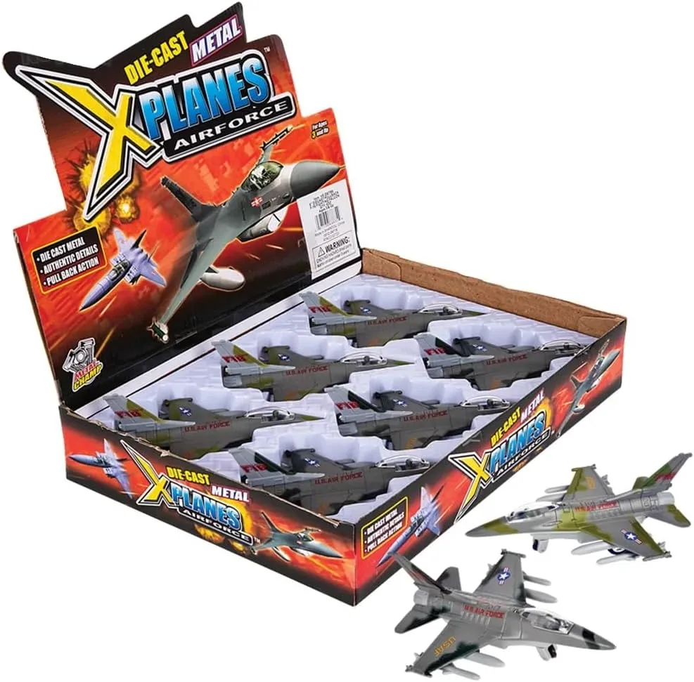 Diecast Pull Back F-16 Fighting Falcon Jets with Pullback Mechanism (6") Die Cast Metal, Pull Back Action. Air Force Military Collection, Cake Decorations, Aviation Party Favors or Fun Play! (4 Pack)