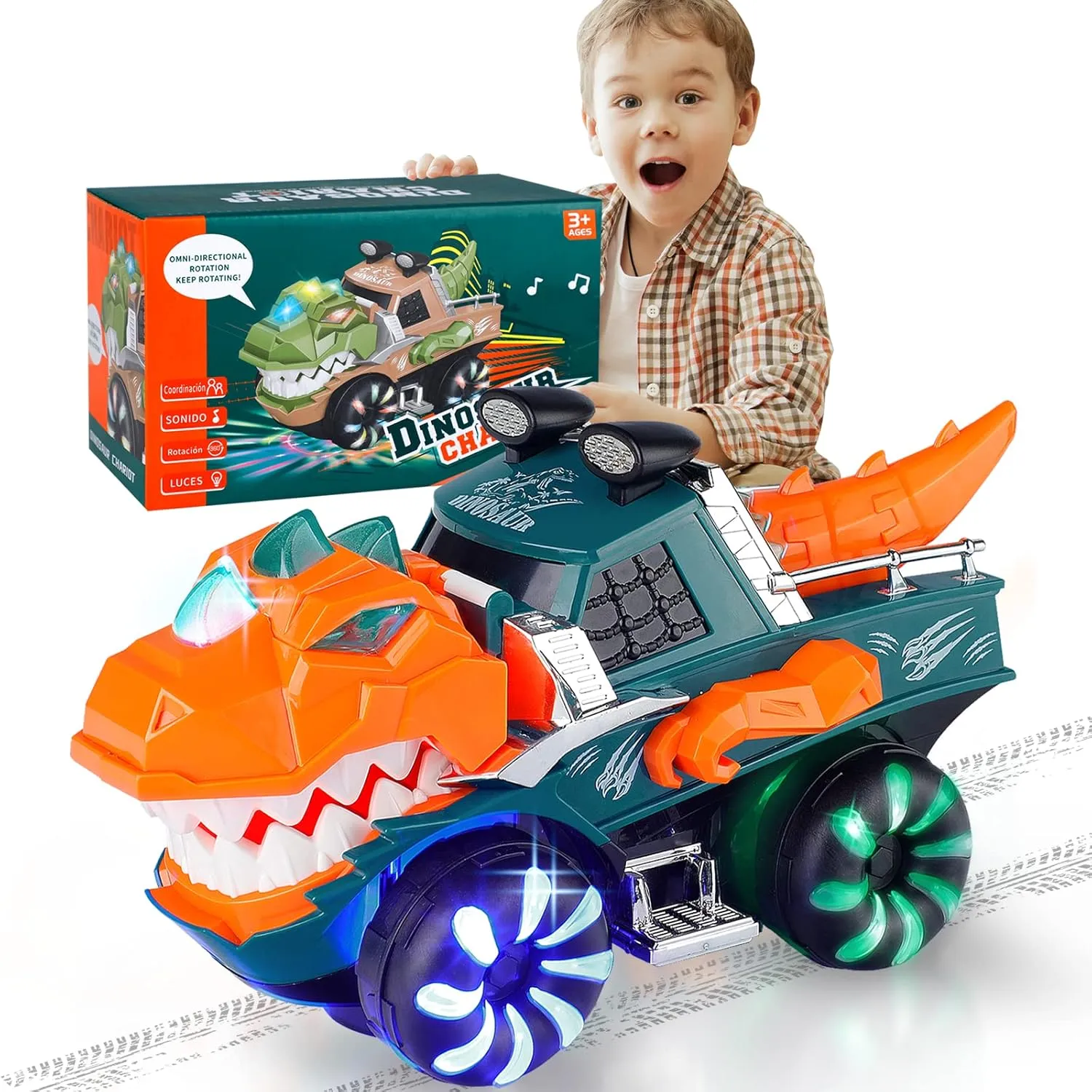 Dinosaur Car for Kids 3-5, Monster Truck With Flashing Lights, Music, Roaring Sound - Light up Dino Toy for Boys Girls - Christmas Birthday Gifts Ages 3 
