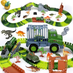 Dinosaur Track Toy, Dinosaur Race Car 194pcs Flexible Dino Slot Car Track with Dinosaur Figures Truck Playset Create a Dino World Road Race for Kids 3 4 5 6 Boy Girls