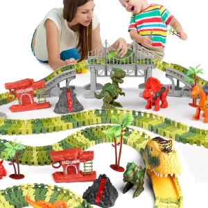 Dinosaur Train Track Toys, 236 PCS with LED Light Create A Dinosaur World Road Race Car for Kids 3 4 5 6 Year & Up Old, STEM Educational Playset Birthday