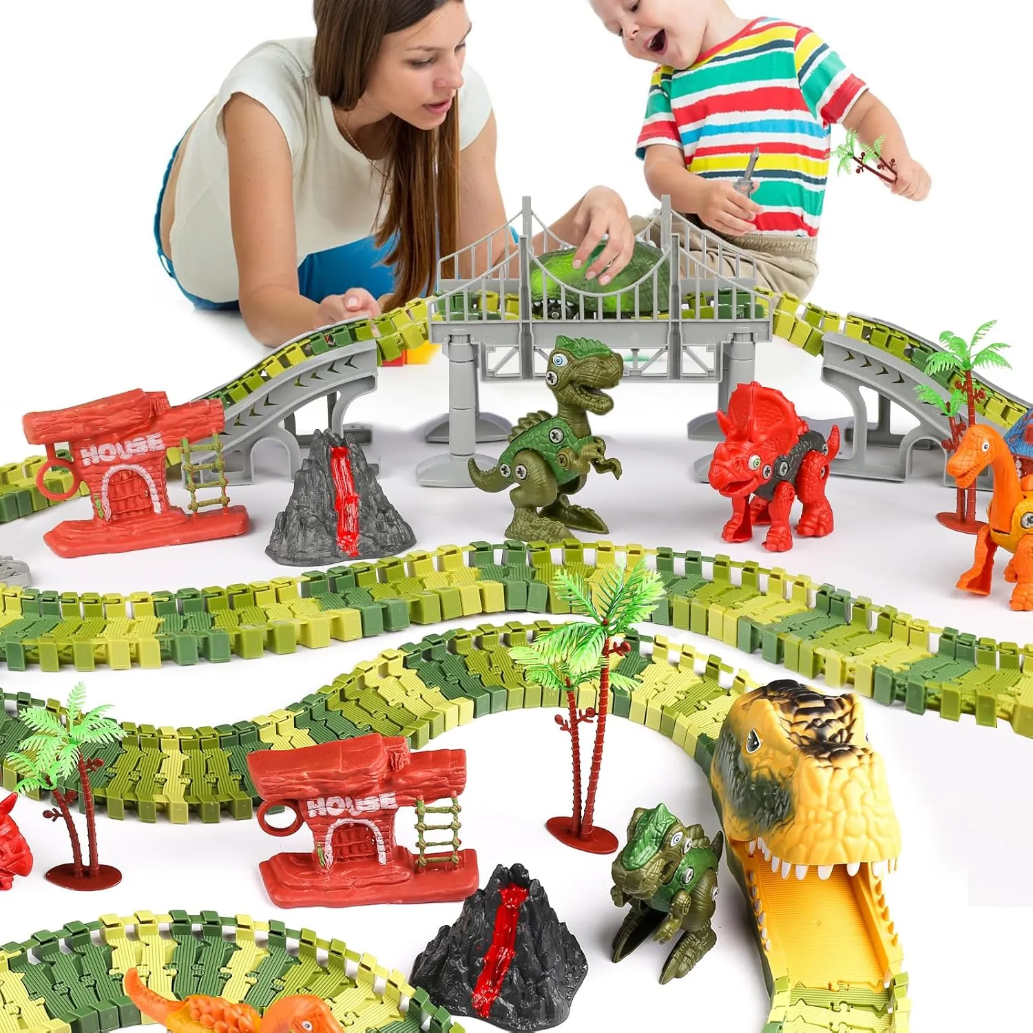 Dinosaur Train Track Toys, 236 PCS with LED Light Create A Dinosaur World Road Race Car for Kids 3 4 5 6 Year & Up Old, STEM Educational Playset Birthday