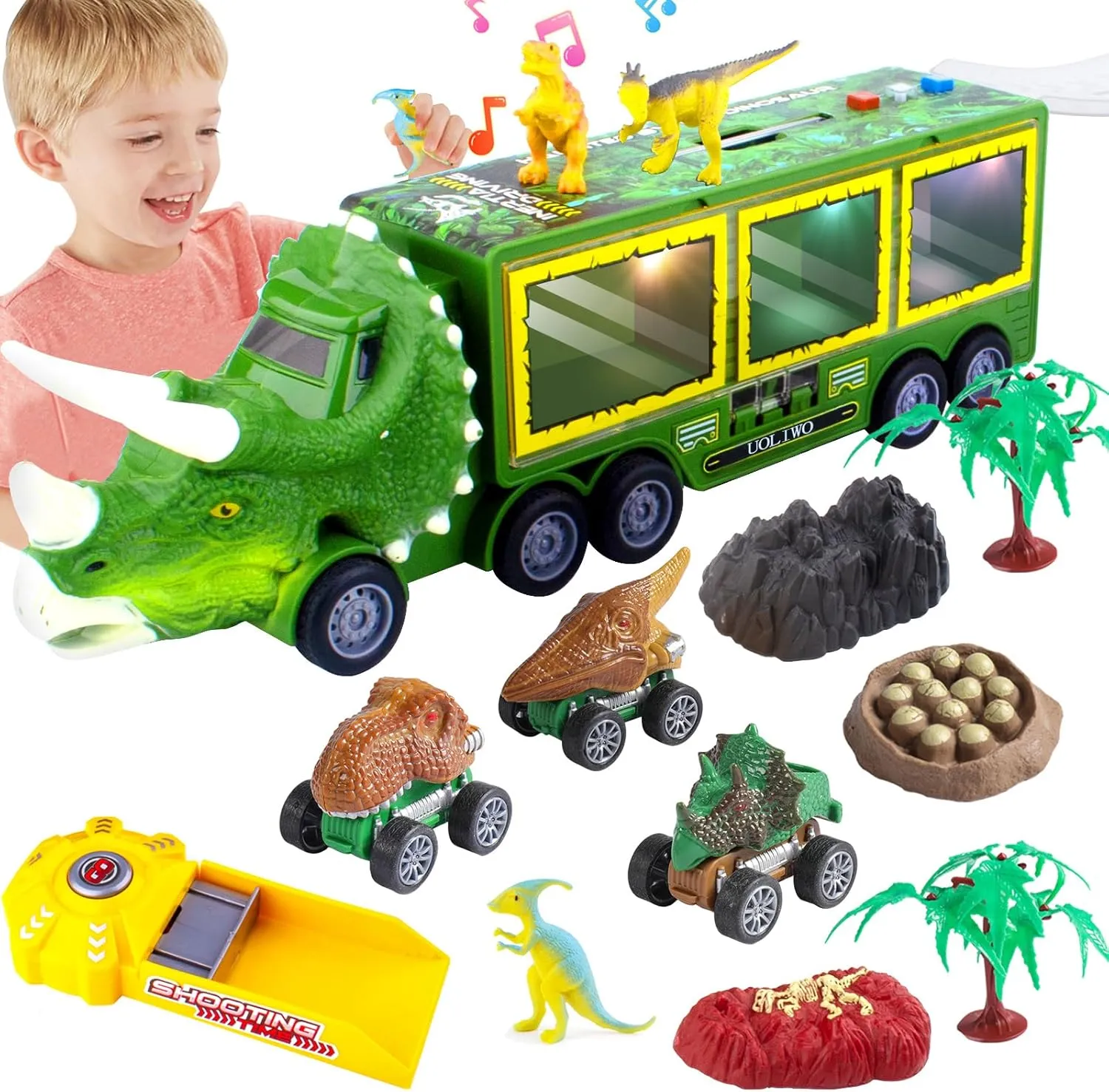 Dinosaur Truck Carrier for Boys and Girls, Car Transporter Toy with Light Sound Kids Dinosaur Toys Set with Pull Back Car Launcher Track Dinosaur Park Pretend Toy Baby Infant Toys Kids Gift
