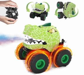Dinosaur Remote Control Car,RC Monster Trucks for Boys 3-12 Year Old,360° Rotating RC Stunt Car Truck Toys with Spray,Light & Sound,All Terrain RC Cars Birthday Party Gift for Kids (Green)