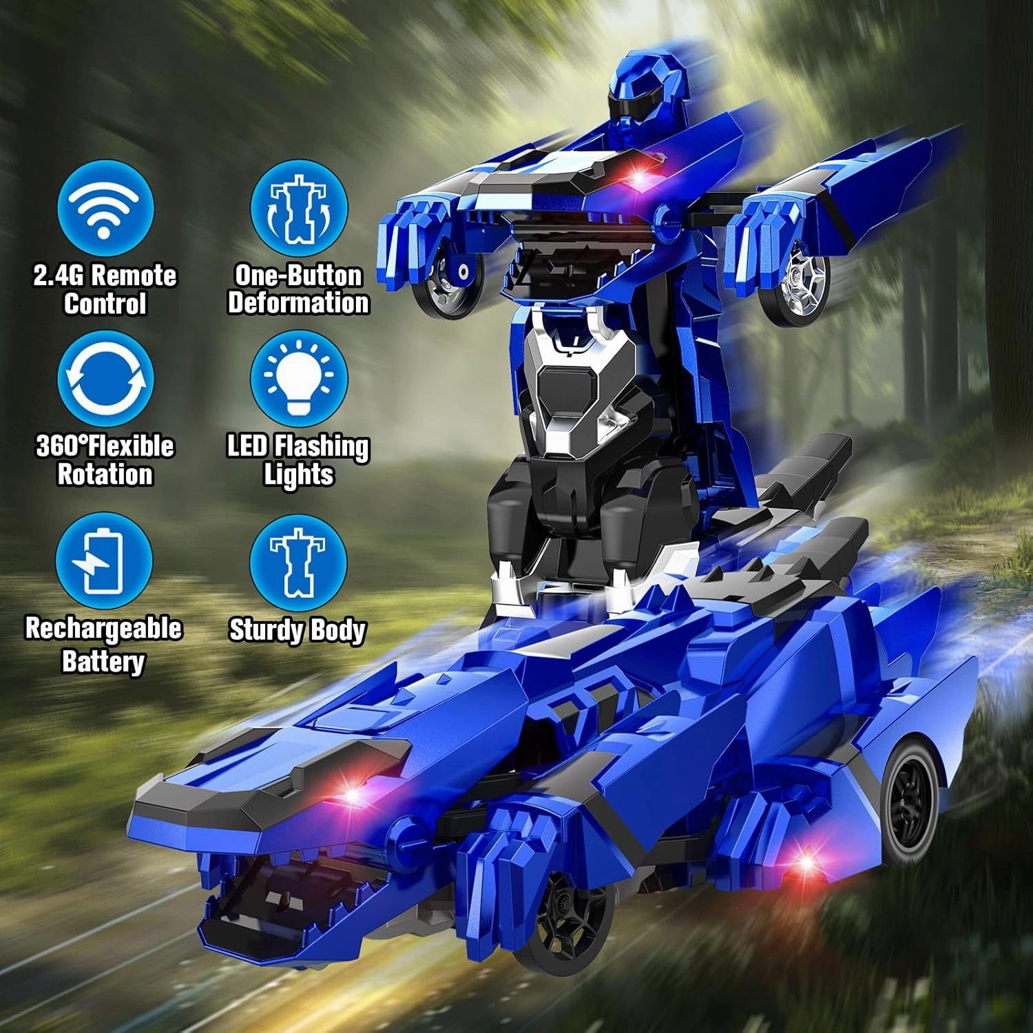 Dinosaur Transform Rc Cars, 2.4Ghz Remote Control Car Transforming Robot with Flashing Light, 360° Rotation One Button Deformation Car Toy Gifts for Boys Age 4-7 8-12