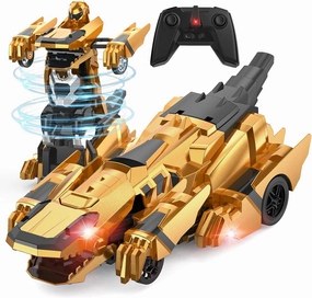 Dinosaur Transform Rc Cars, 2.4Ghz Remote Control Car Transforming Robot with Flashing Light, 360° Rotation One Button Deformation Car Toy Gifts for Boys Age 4-7 8-12