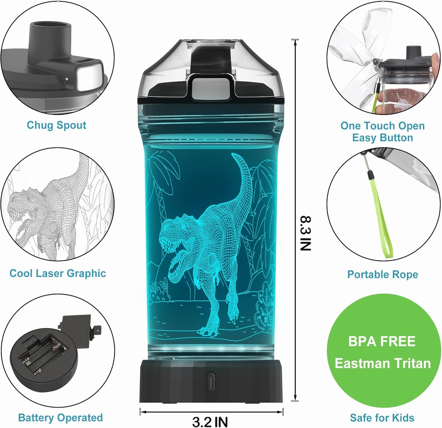 Dinosaur Water Bottle, Dinosaur Drinking Cup with 3D Light-Up LED Lights - BPA Free - Perfect for Back-to-School Season, Girls, Boys, Kids, Holiday Camping, Picnic Gifts - 14 oz Travel Mug