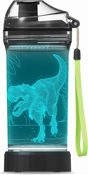 Dinosaur Water Bottle, Dinosaur Drinking Cup with 3D Light-Up LED Lights - BPA Free - Perfect for Back-to-School Season, Girls, Boys, Kids, Holiday Camping, Picnic Gifts - 14 oz Travel Mug