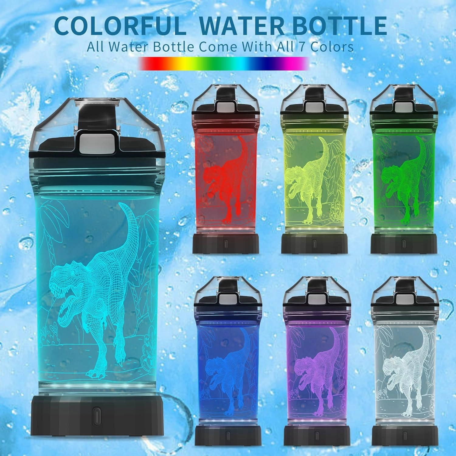 Dinosaur Water Bottle, Dinosaur Drinking Cup with 3D Light-Up LED Lights - BPA Free - Perfect for Back-to-School Season, Girls, Boys, Kids, Holiday Camping, Picnic Gifts - 14 oz Travel Mug