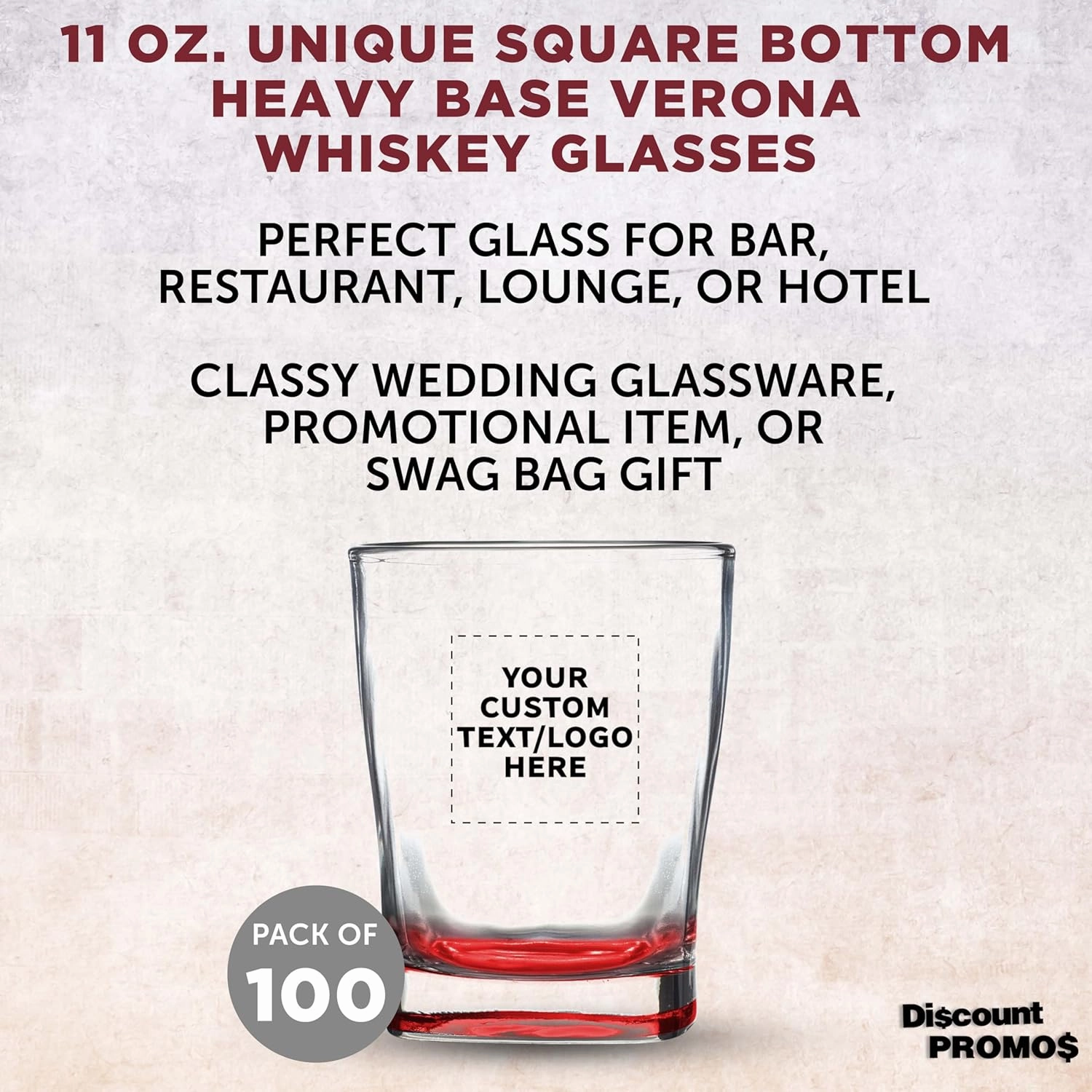 DISCOUNT PROMOS 100 Verona Whiskey Glasses Set, 11 oz. - Customizable Text, Logo - Durable, Thick Base, Color Bottom, Barware - Red