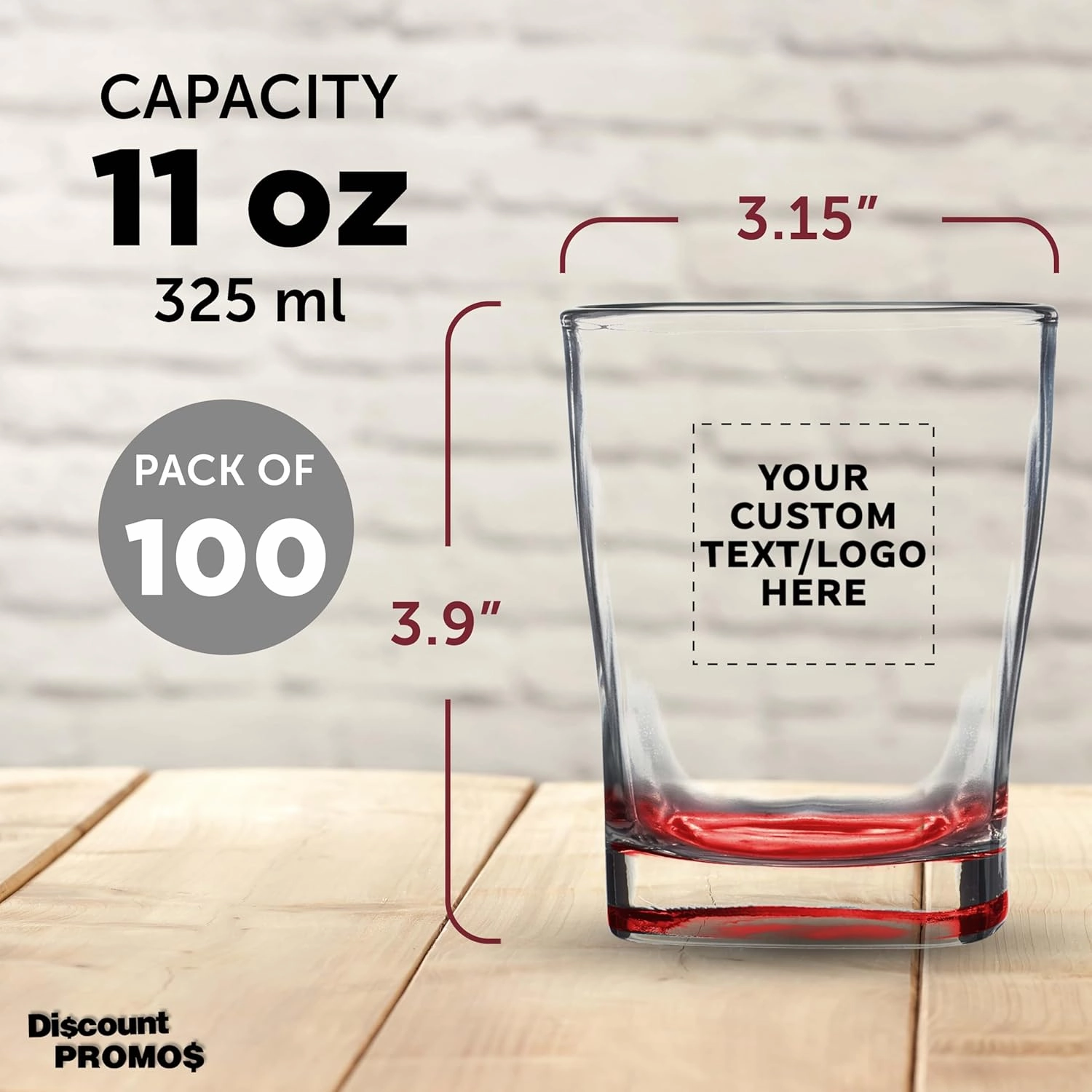 DISCOUNT PROMOS 100 Verona Whiskey Glasses Set, 11 oz. - Customizable Text, Logo - Durable, Thick Base, Color Bottom, Barware - Red