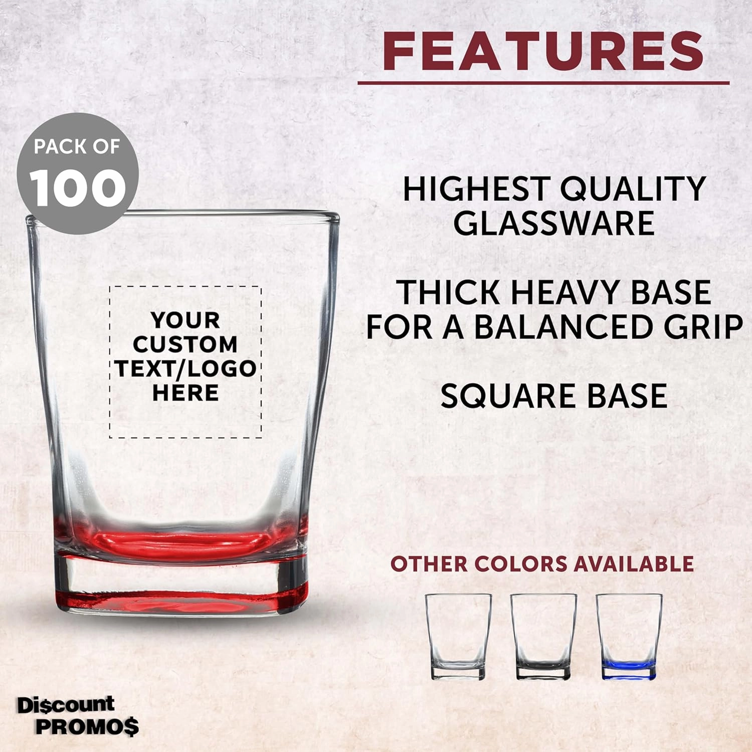 DISCOUNT PROMOS 100 Verona Whiskey Glasses Set, 11 oz. - Customizable Text, Logo - Durable, Thick Base, Color Bottom, Barware - Red
