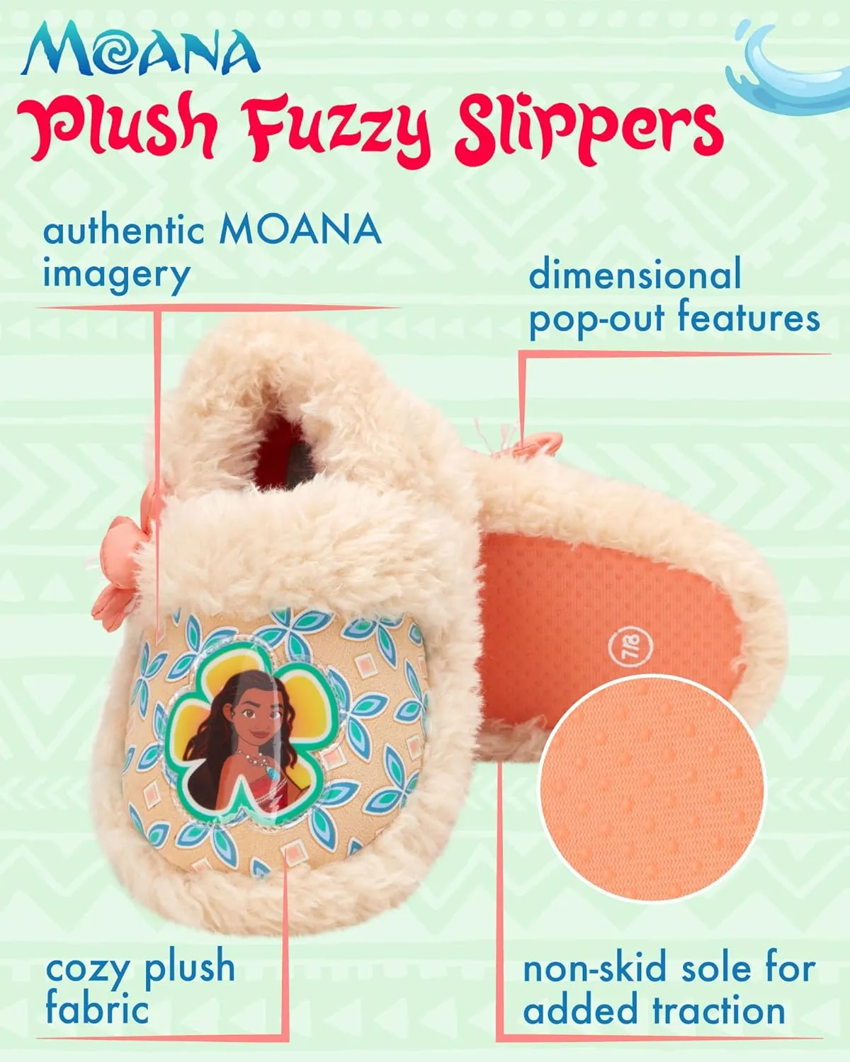 Disney Girls' Moana Slippers - Princess Moana Plush Fuzzy Slippers (Toddler/Little Girl)