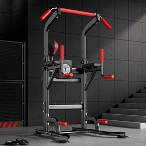Dland Power Tower Dip Station Pull Up Bar Exercise Strength Training Dip Stands, Multi-Function Adjustable Height Pull-Up Bar, Push-Up Bar with Boxing Speed Ball &Spinning Target, Weight Bench for Home Gym