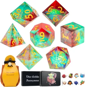 DND Dice Set 7pcs Sharp Edge Resin Polyhedral Dice for Dungeons and Dragons Bundled with Dice Pouch/Dice Tray, and Stickers (Primal Ember)